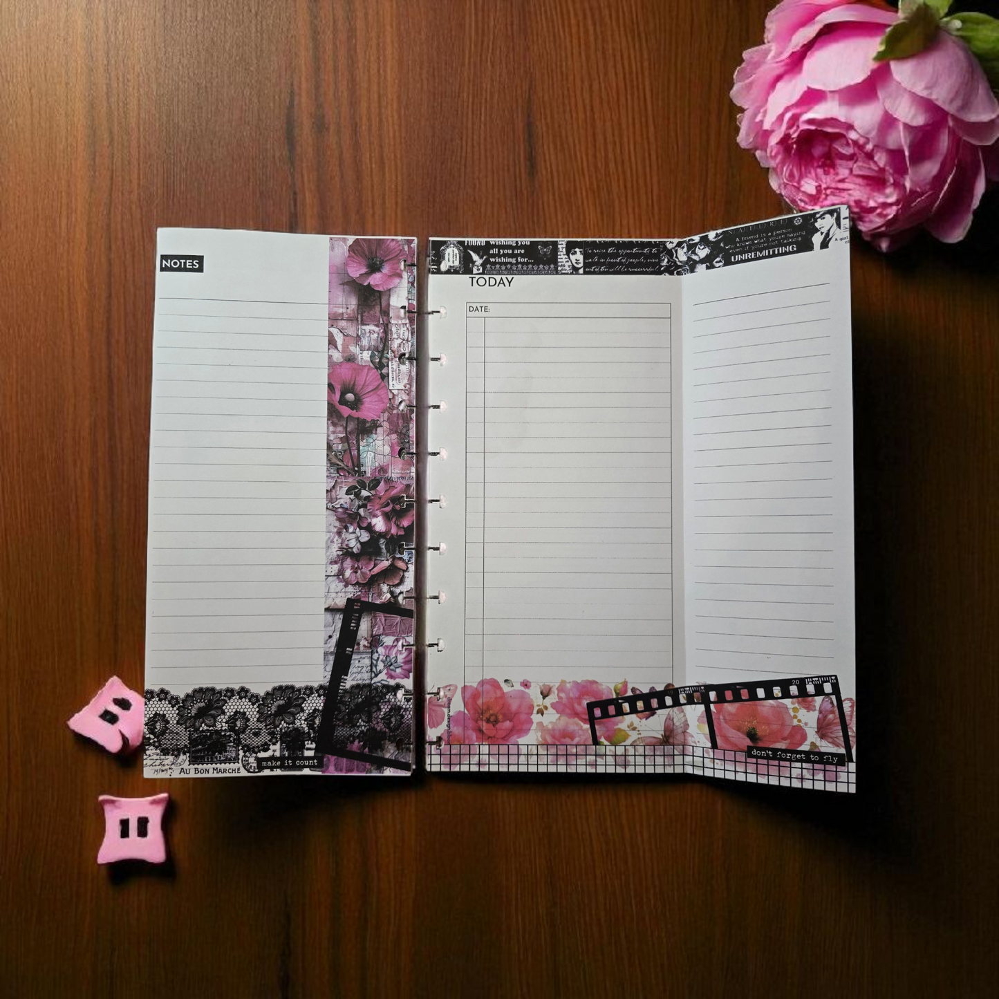 Whisper Dreams discbound foldout today inserts showing folded page design in romantic pink palette