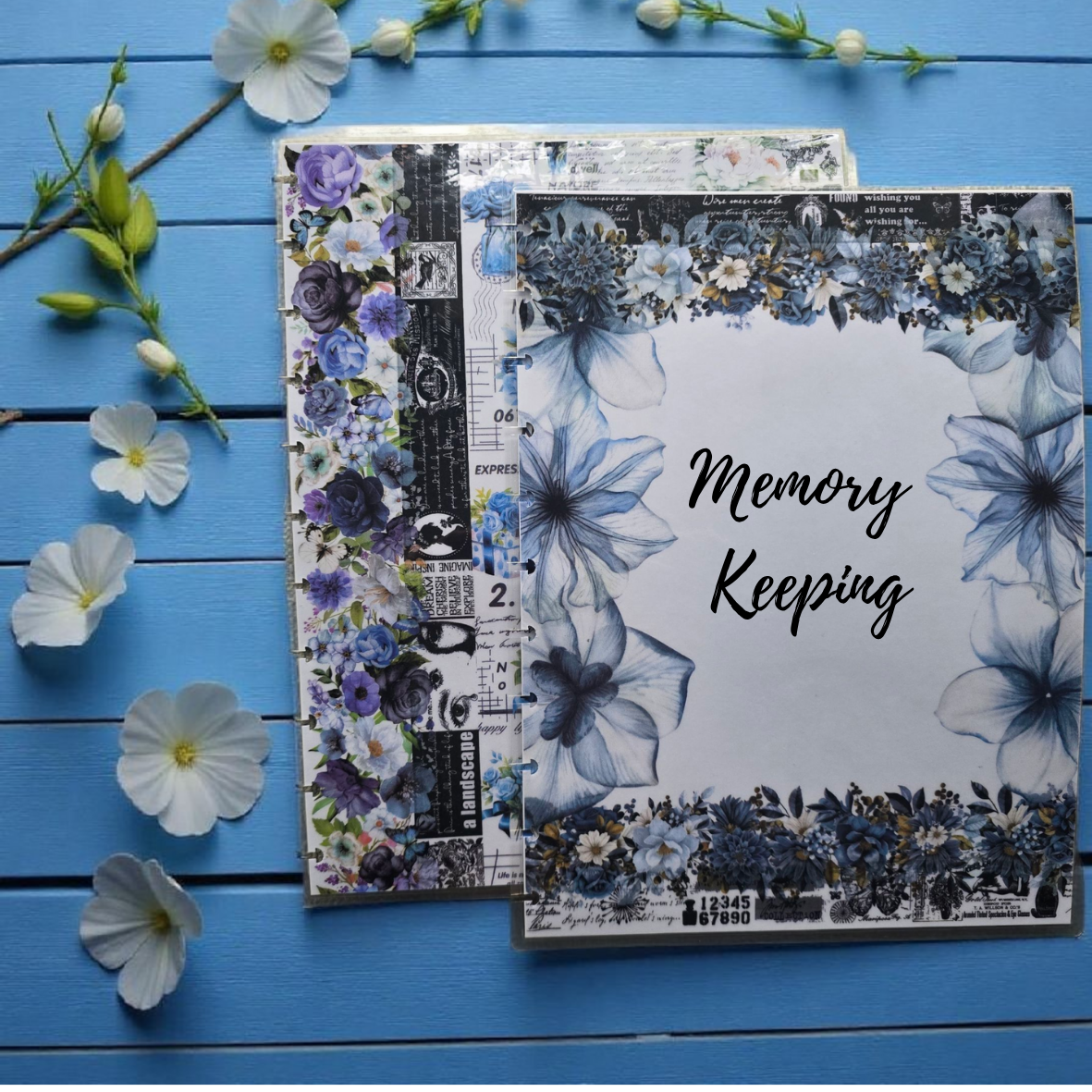 Azure Blooms discbound memory keeping cover by dream.design.bloom, elegant blue cover for creative reflection and daily memories