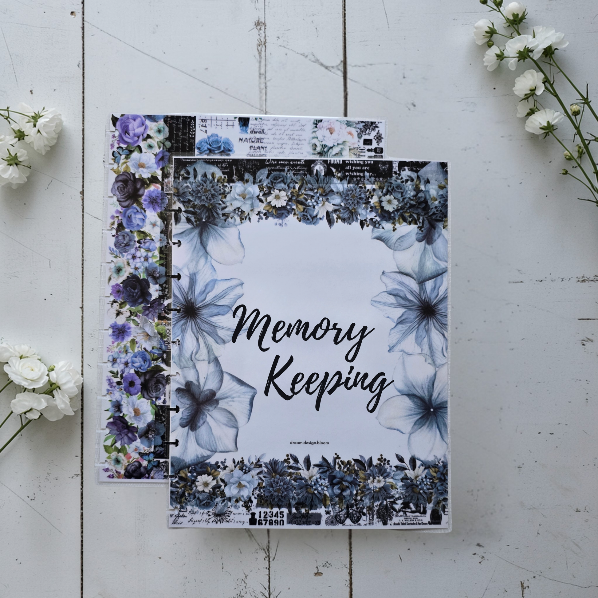 Azure Blooms discbound memory keeping cover by dream.design.bloom, elegant blue cover for creative reflection and daily memories