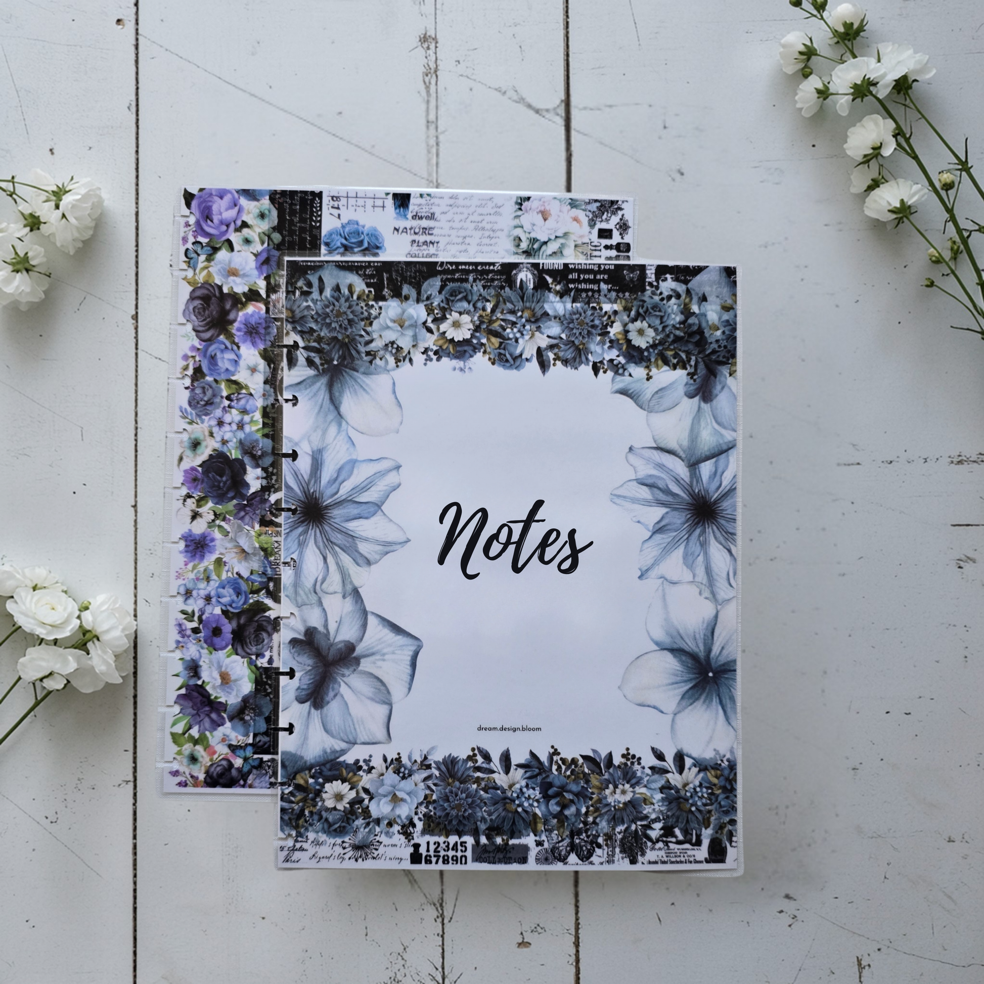 Azure Blooms discbound notes cover by dream.design.bloom, calm blue planner cover for notes and journaling