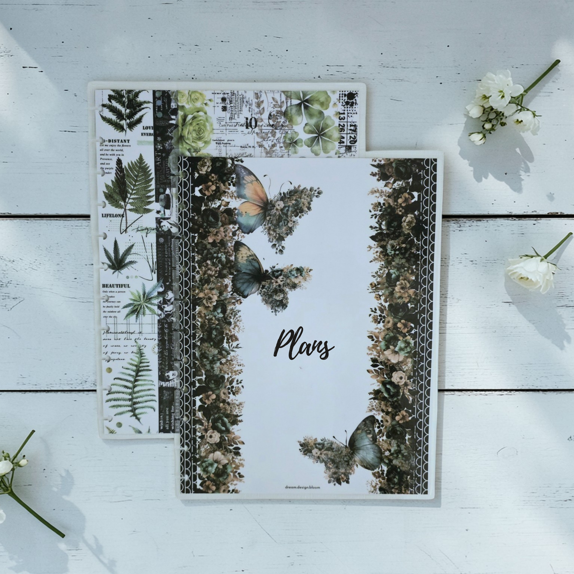 Arbor Designs personalised discbound planner cover by dream.design.bloom, natural green cover with custom name or phrase design