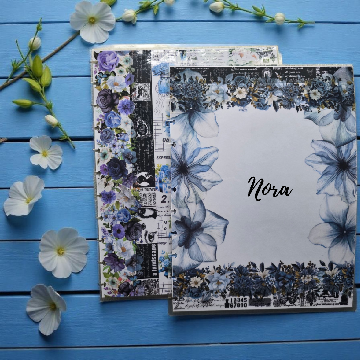 Azure Blooms personalised discbound planner cover by dream.design.bloom, boutique blue cover with custom text option