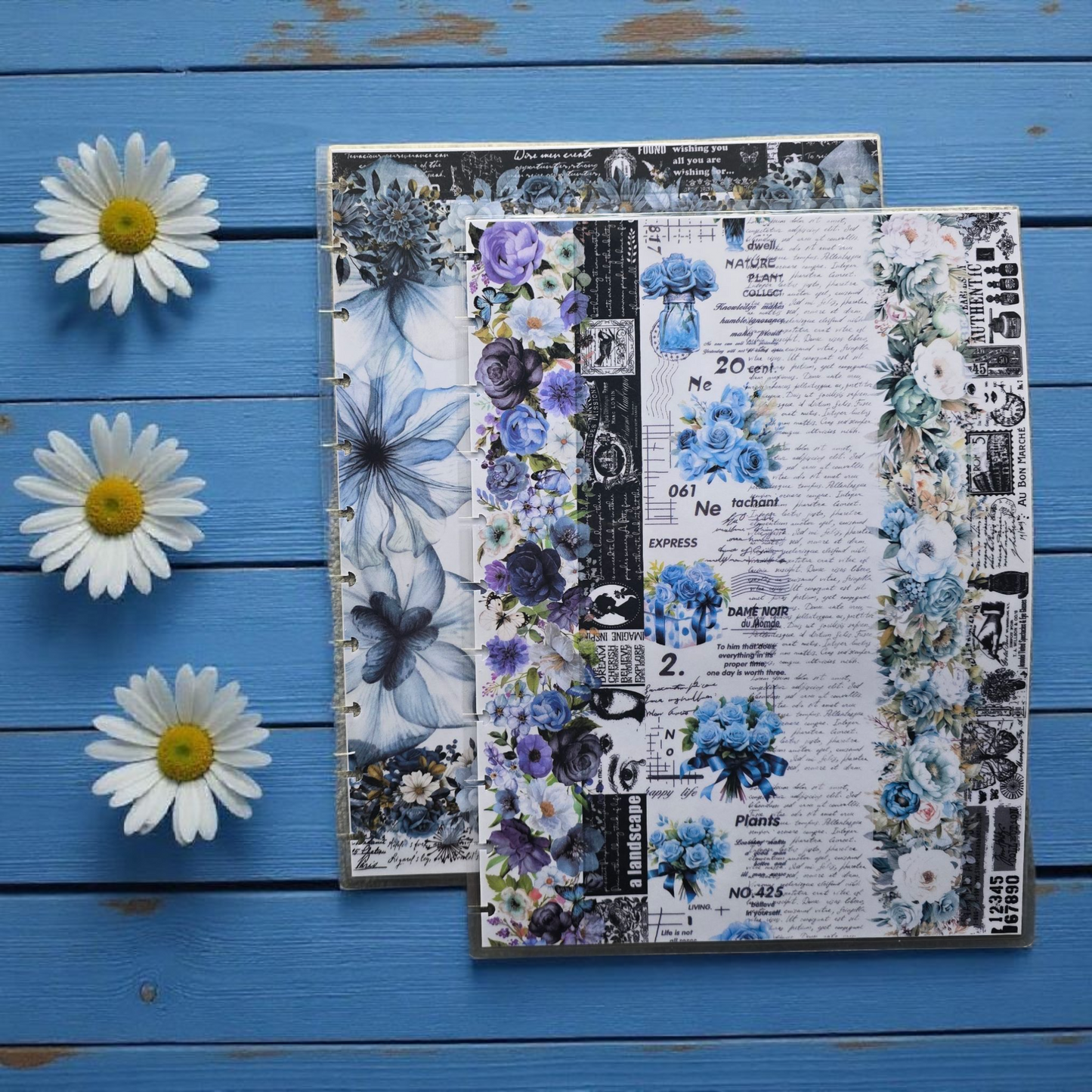 back view of Azure Blooms discbound planner cover, boutique laminated planner accessory