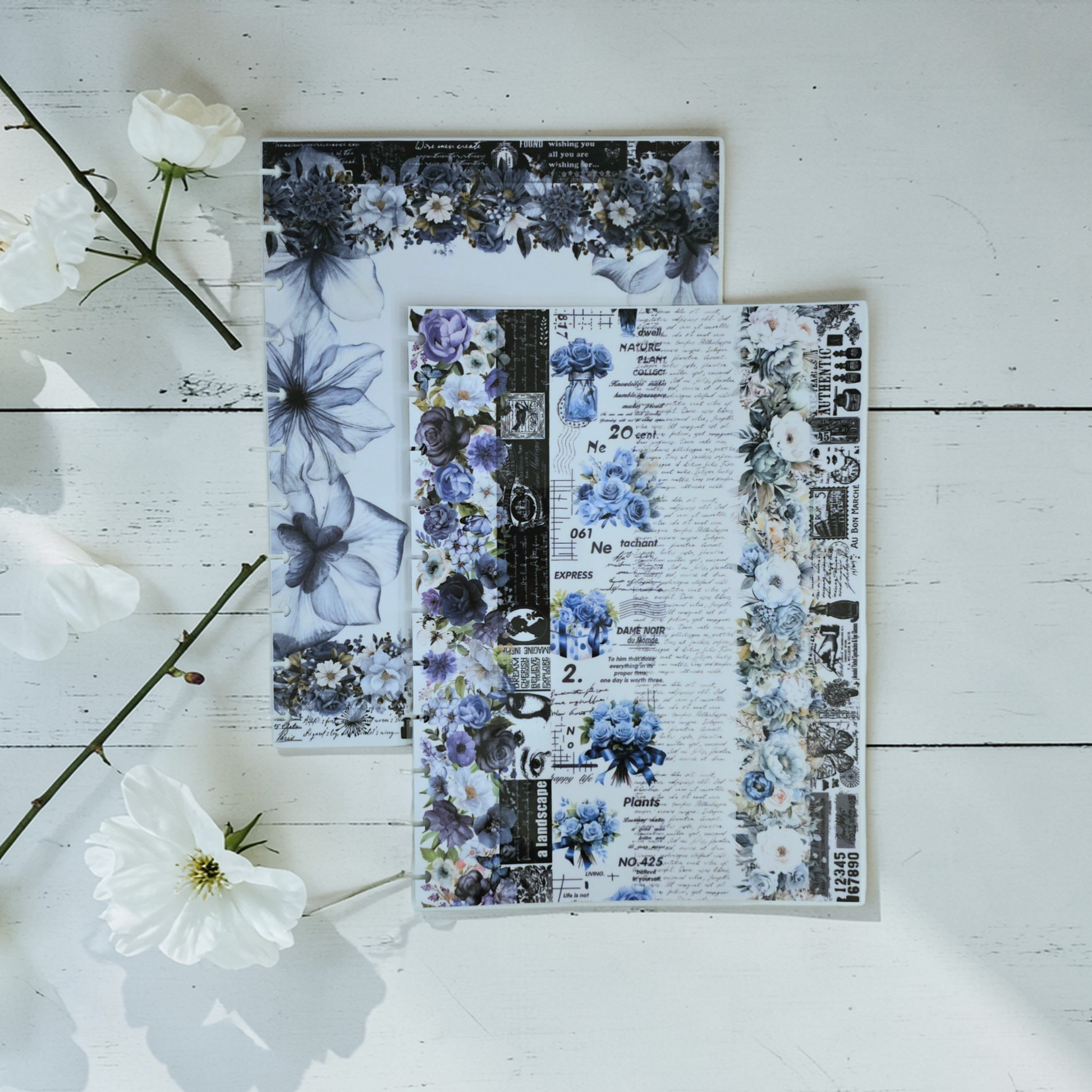 back view of Azure Blooms discbound planner cover, boutique laminated planner accessory