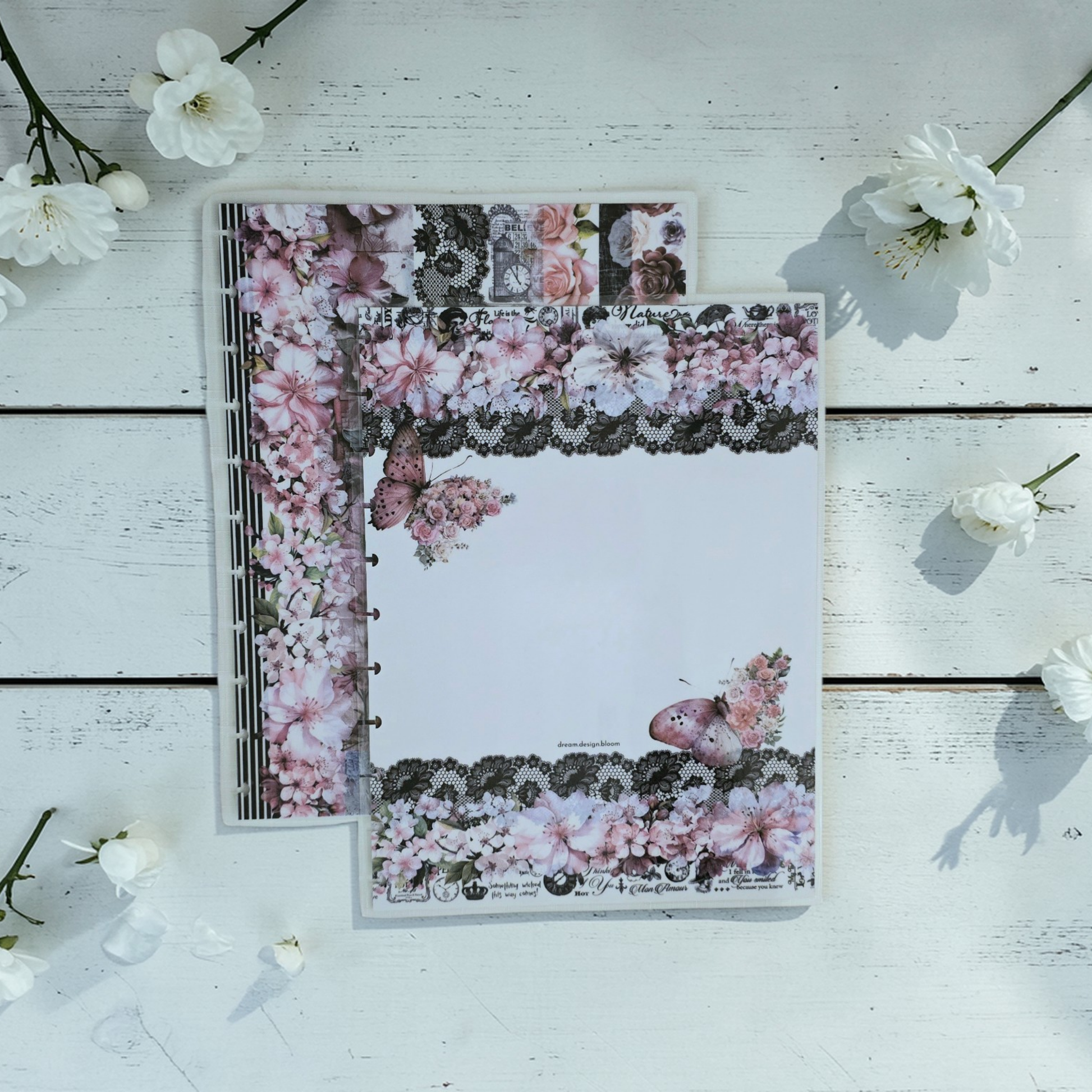 Whisper Dreams discbound planner cover by dream.design.bloom, boutique reversible cover in soft pink palette