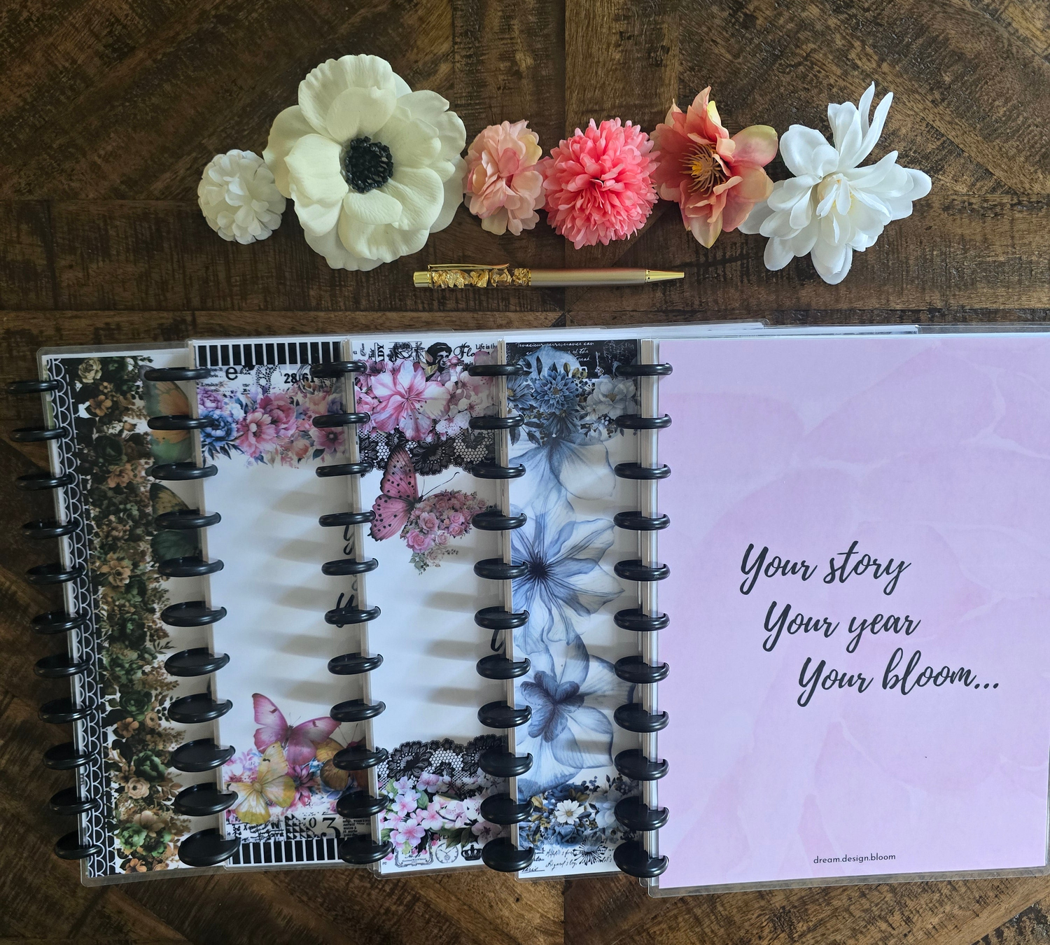 Five discbound planners from dream.design.bloom displayed together in soft natural light, showcasing their elegant covers and timeless boutique design.