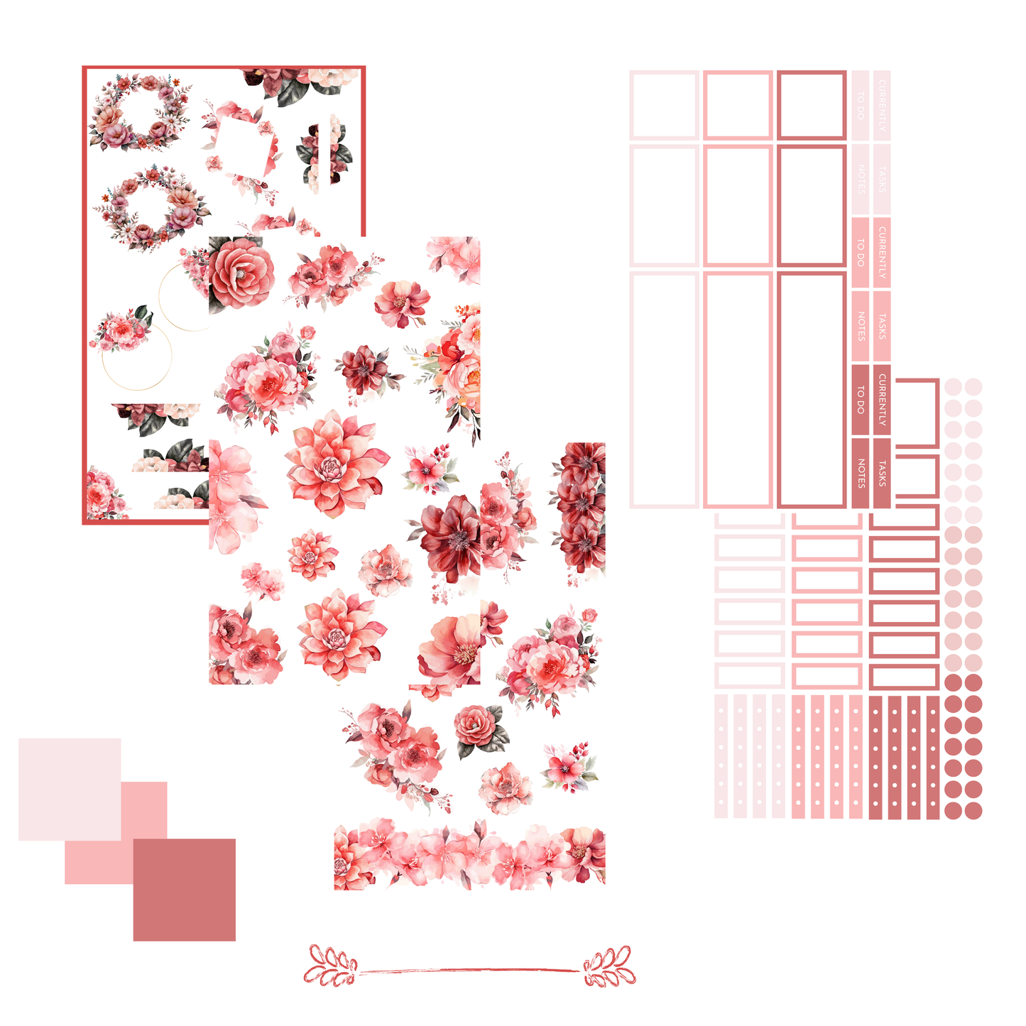 inside pages of dream.design.bloom Everyday Blooms Sticker Book showing decorative floral and functional planner stickers in soft colour palettes