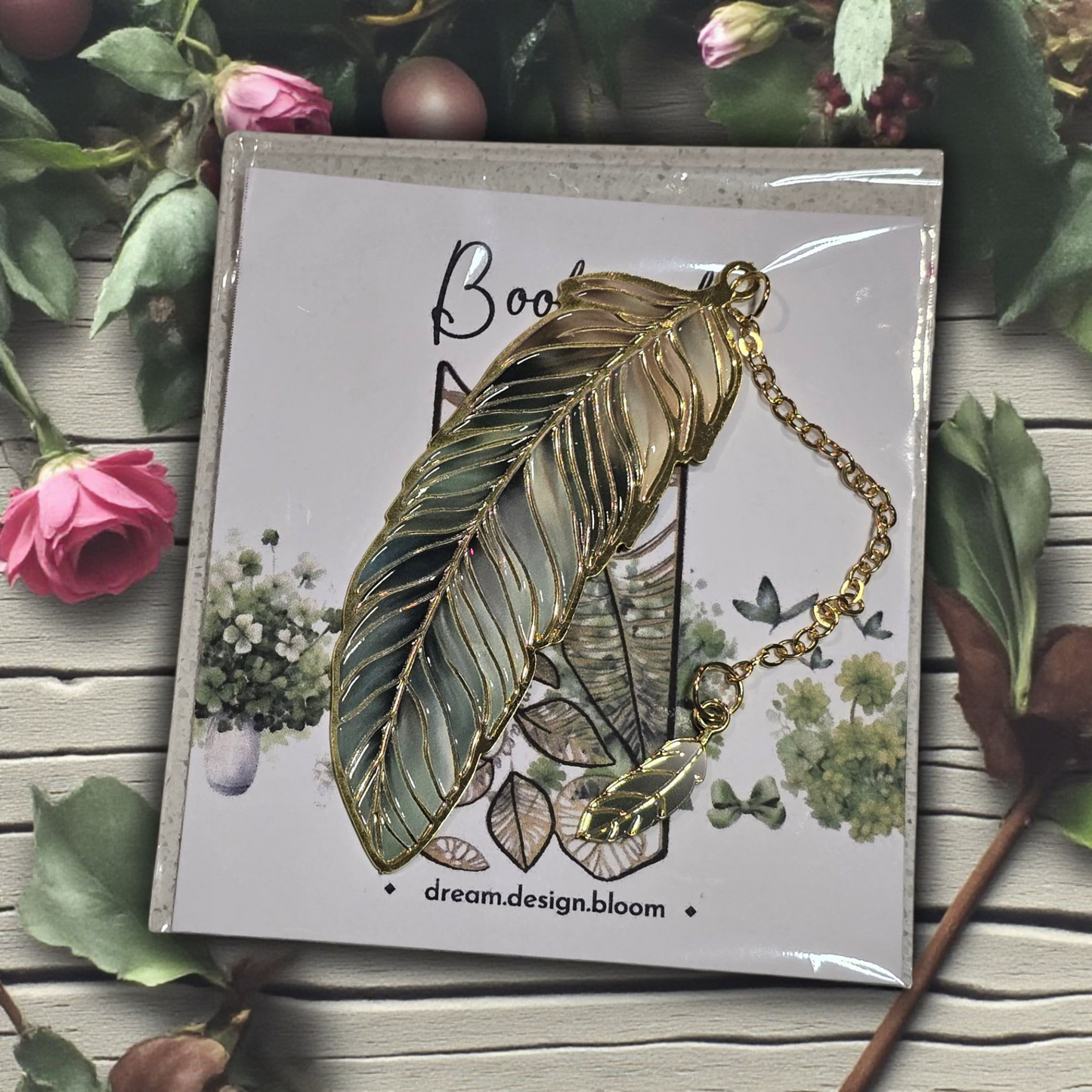 Arbor Designs gold feather planner bookmark by dream.design.bloom, natural green discbound planner accessory