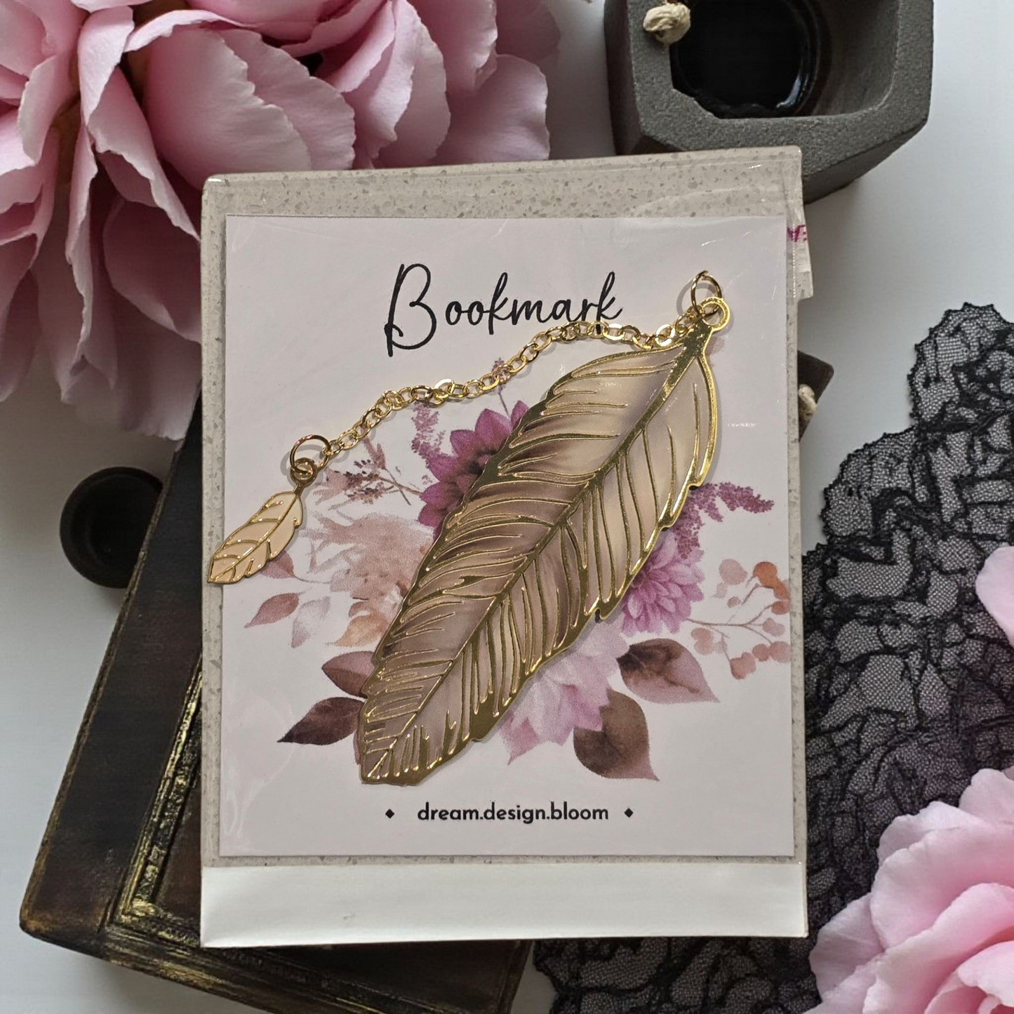 Whisper Dreams gold feather planner bookmark by dream.design.bloom, boutique discbound planner accessory in soft pink palette