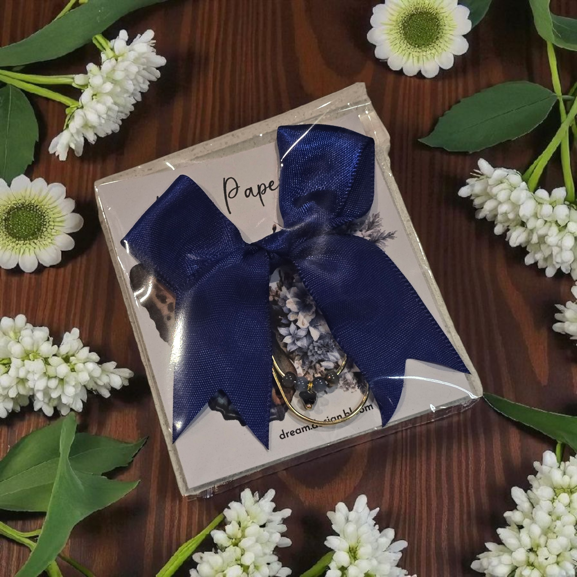 Packaged Large Paperclip with Bow by dream.design.bloom in Azure Blooms palette, boutique discbound planner accessory with elegant blue bow