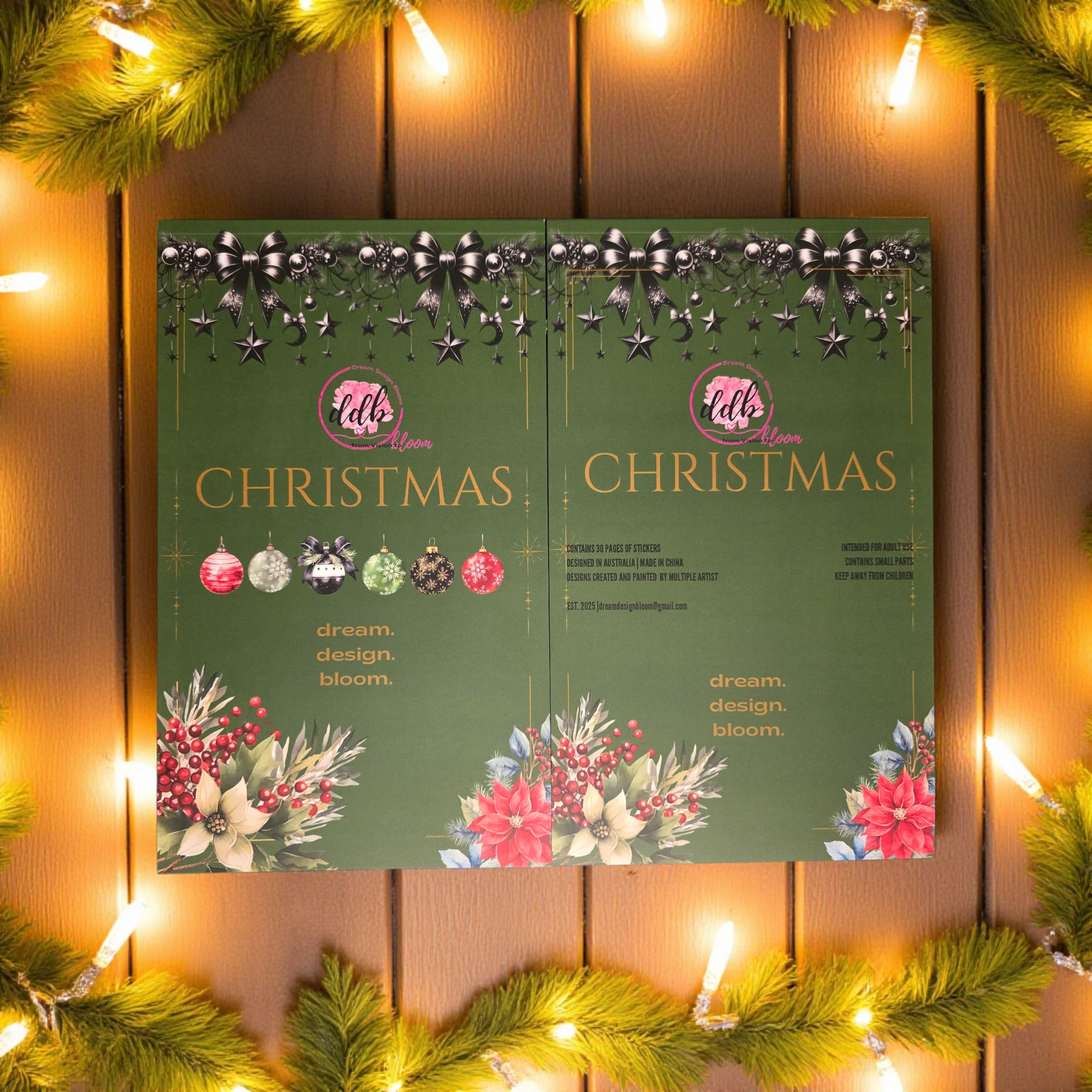 Sticker Book Christmas by dream.design.bloom, front and back cover displayed, boutique planner stickers for discbound planners featuring festive and floral designs