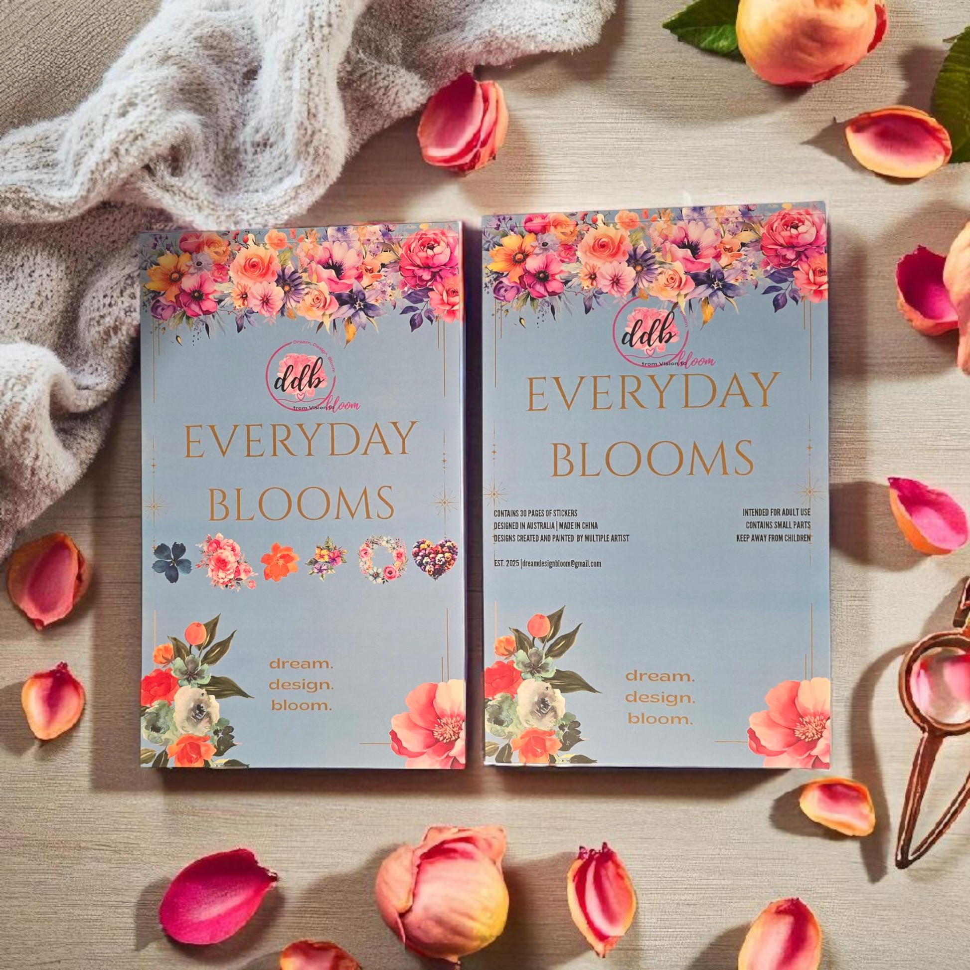 Sticker Book Everyday Blooms by dream.design.bloom, front and back cover displayed, boutique planner stickers for discbound planners featuring floral and functional designs