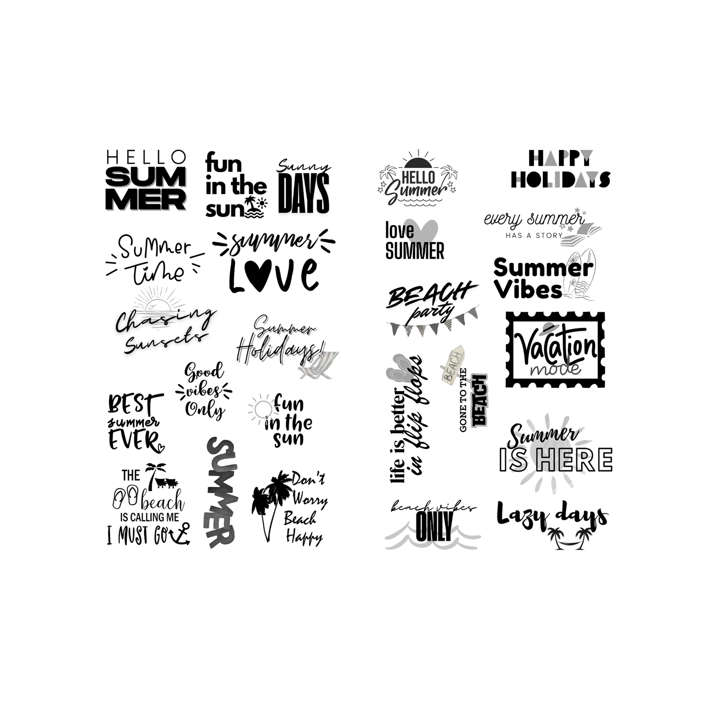 Sticker Book Summer by dream.design.bloom showing page of summer phrases and word stickers, boutique planner stickers for discbound planners designed for seasonal creativity