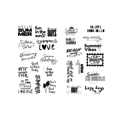 Sticker Book Summer by dream.design.bloom showing page of summer phrases and word stickers, boutique planner stickers for discbound planners designed for seasonal creativity